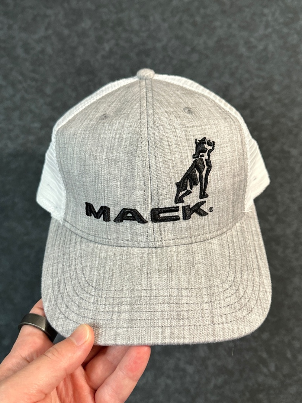 Mack Trucks Bulldog Legacy Gray and White Embroidered Logo Mesh Trucker Hat Cap